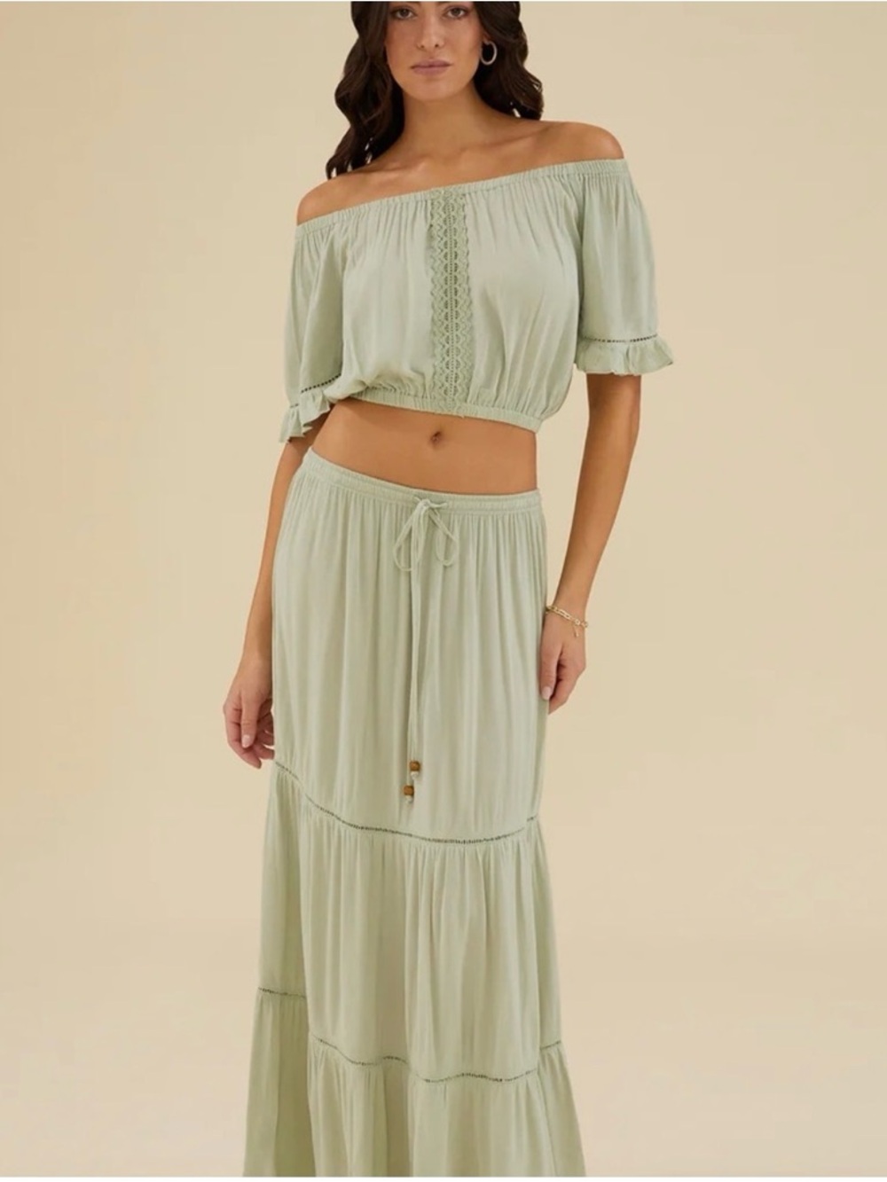 Rachel Parcell Sage Green Off-Shoulder Tiered Maxi Skirt